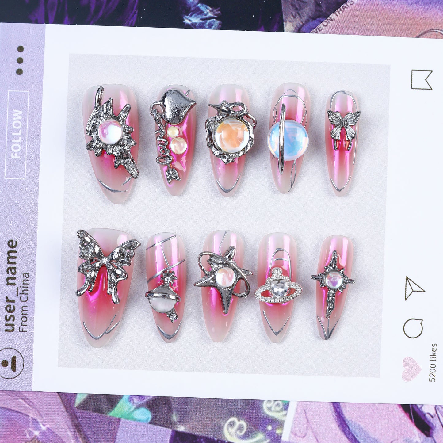 Pink Handmade Custom Thick Nails With Rhinestones Artificial Fingernails10pcs Luxury Private Label New Design Press on Nails
