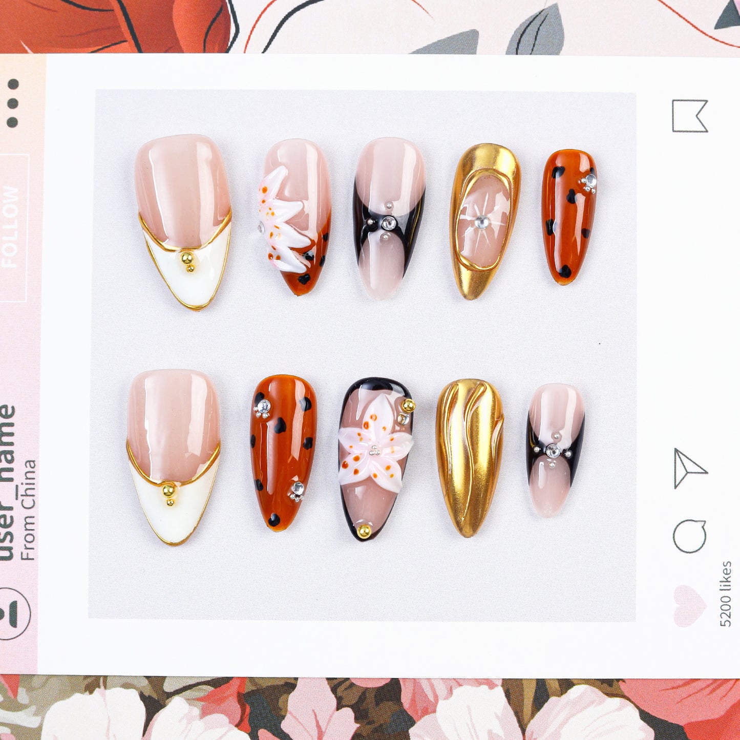 High Quality Custom 3D Flower Design Handmade Acrylic Full Cover Press-On Fake Nails Unique Faux Ongles Ready-Made Finger 10PCS