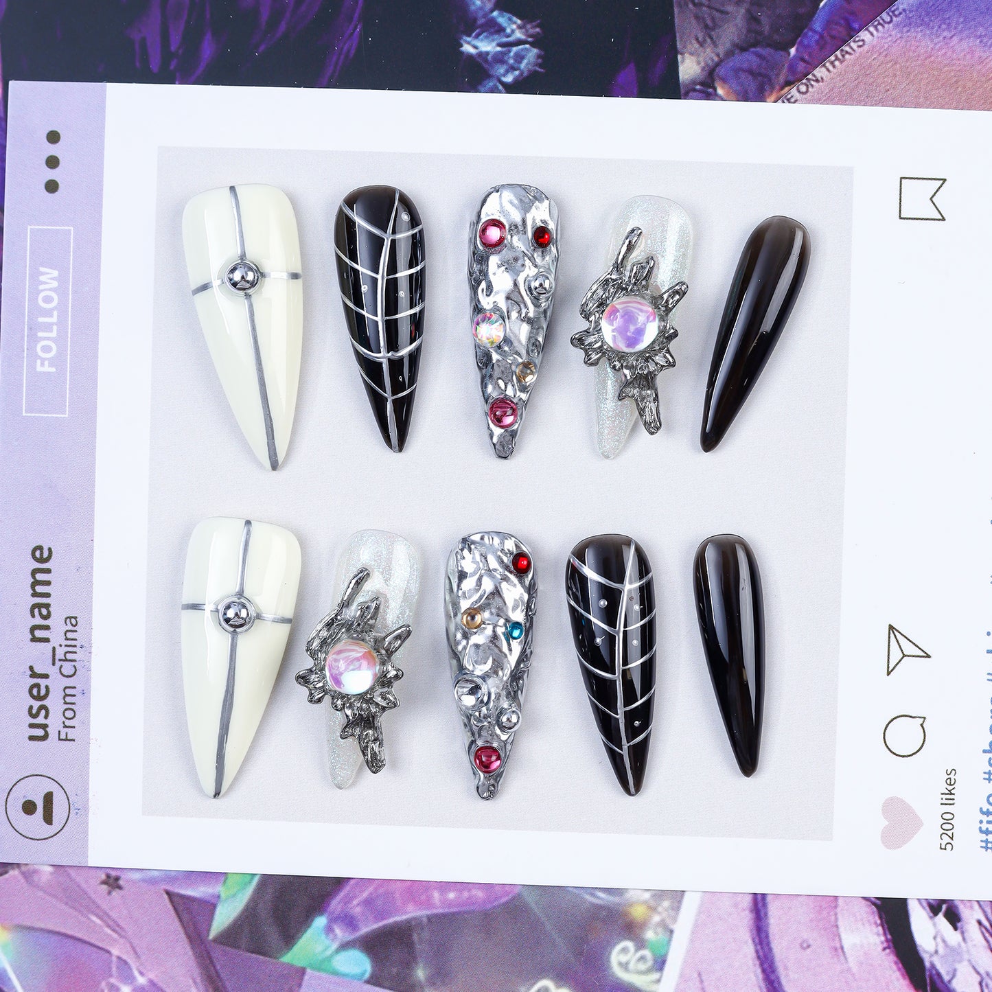 Custom Gothic Handmade Press Nails Full Cover Artificial Fingernails 3D Pink Luxury Stiletto Y2k Metallic Pre-designed 10pcs