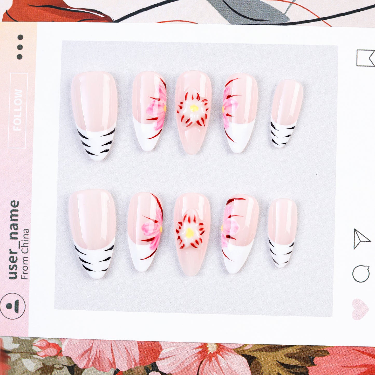 Handmade 10pcs Almond Design Press-On False Nails Acrylic Fashionable Model Custom Flower Carving Full Cover Faux Ongles Finger