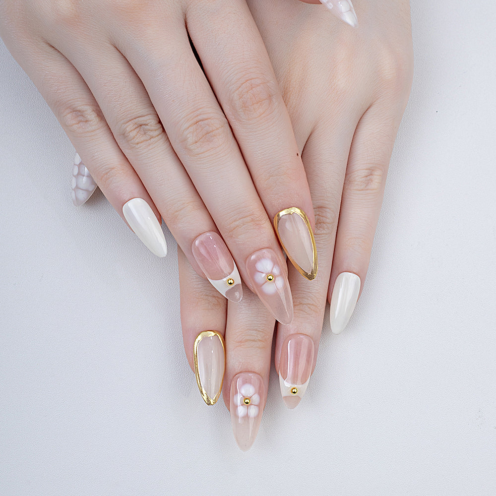 Handmade High-End Full Cover Pre-designed Checkerboard Floral Design Acrylic Press Fingernails 10pcs Artificial False Nail