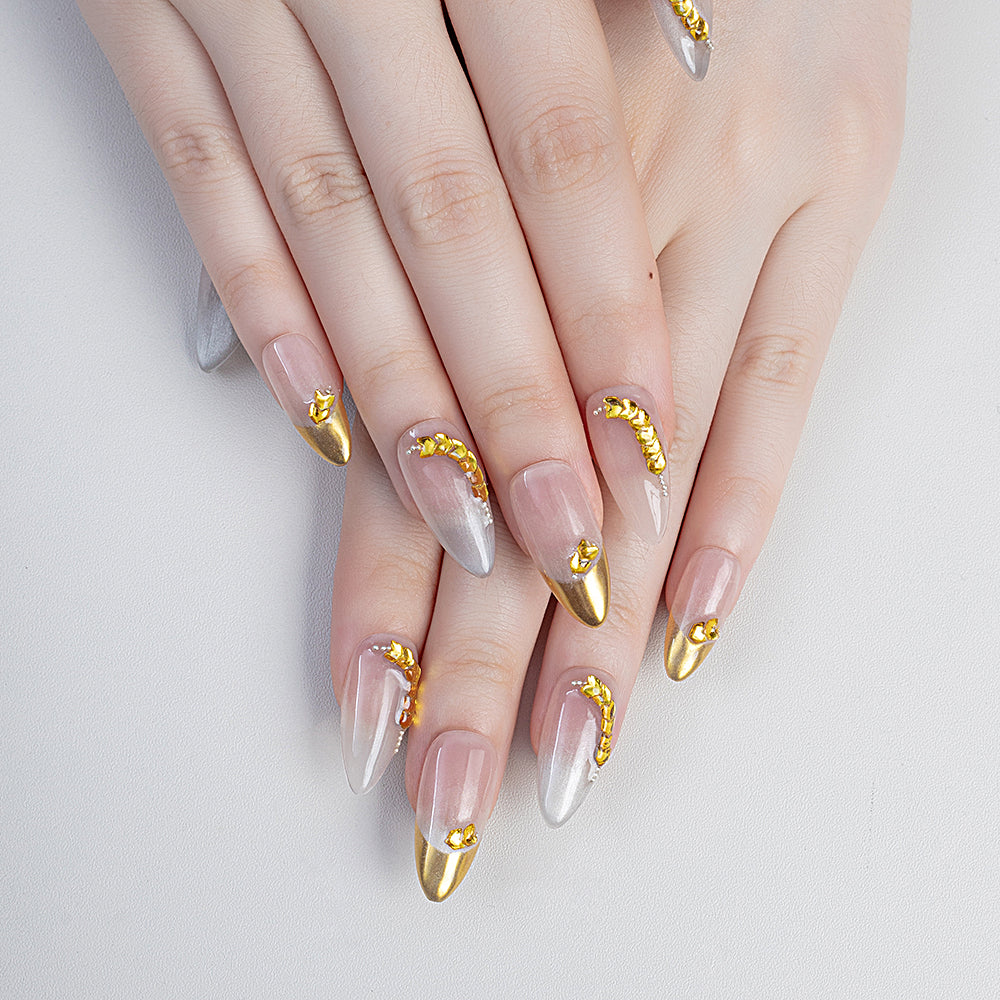 10pcs Gold Wheat Ear Handmade Almond Press on Nails Wholesale Stick on Nail Art Artificial Fingernails for Party with Rhinestone