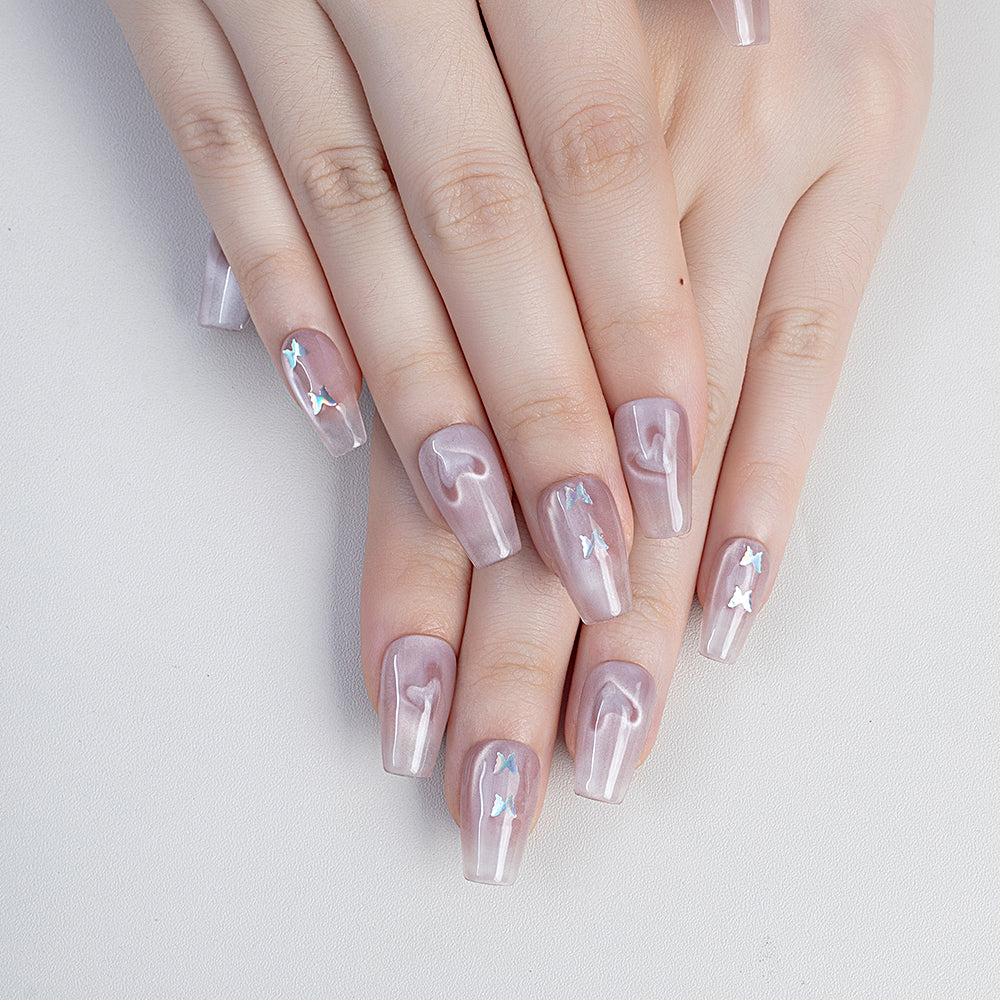 New Design Luxury Cat-eye Pink Butterfly Custom Nails Coffin Press on Nails Wholesale Full Cover False Nails