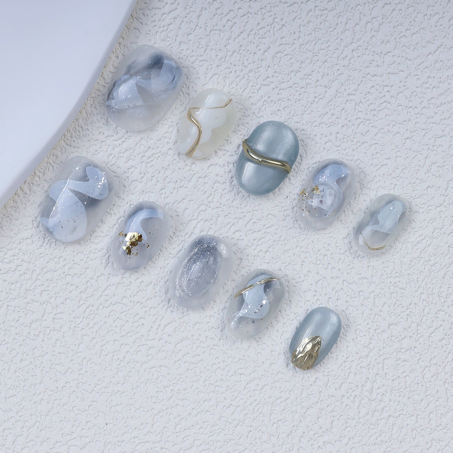 Handmade Oval Press-On Nails | Platinum Marble Swirl with White & Gold Foil | Glue-On Fake Nails Set