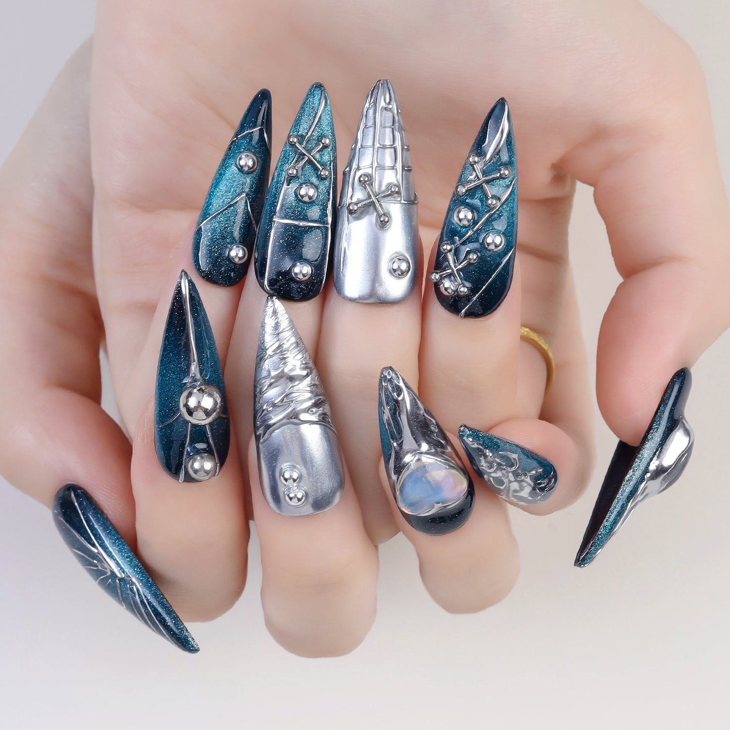 Fashion Printing Handmade False Nails Press on Nails Y2K Stiletto Style Artificial Fingernails Nail Art With With Rhinestones