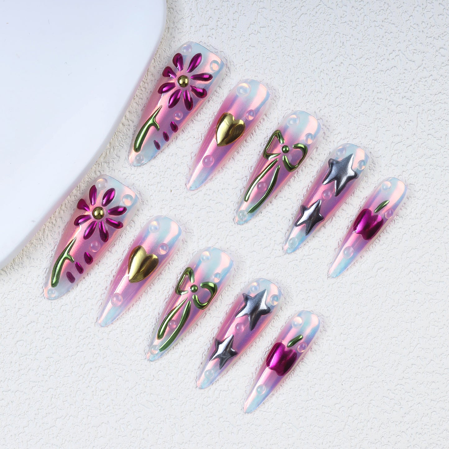 High Quality Pink Acrylic False Nails Handmade 3D Mirror Powder Star Flower Press Nails Wholesale Design for Girls