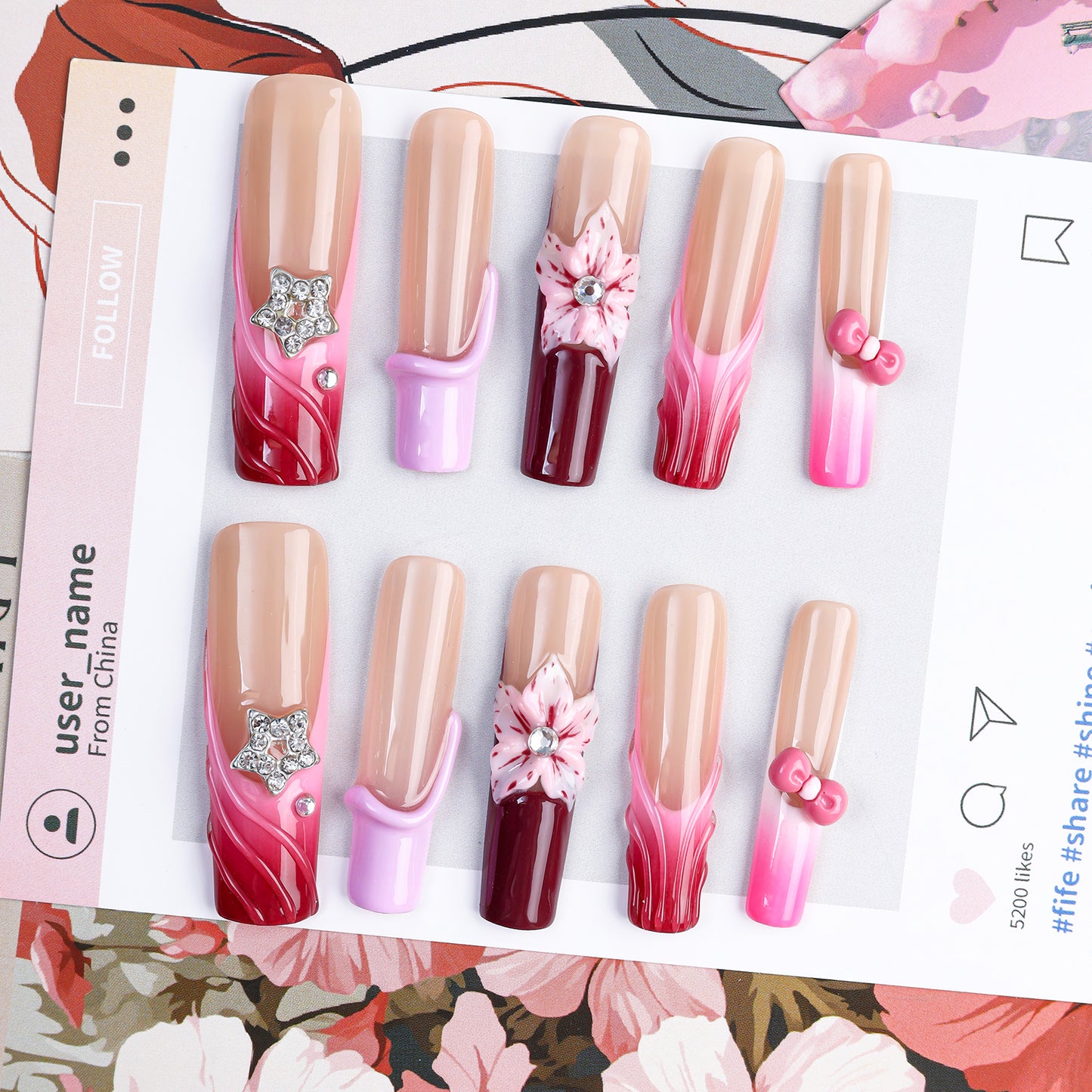 Wholesale High Quality Fashionable Artificial French Press Nails Luxury Super Long Square Glitter False Nail 10pcs Fingers