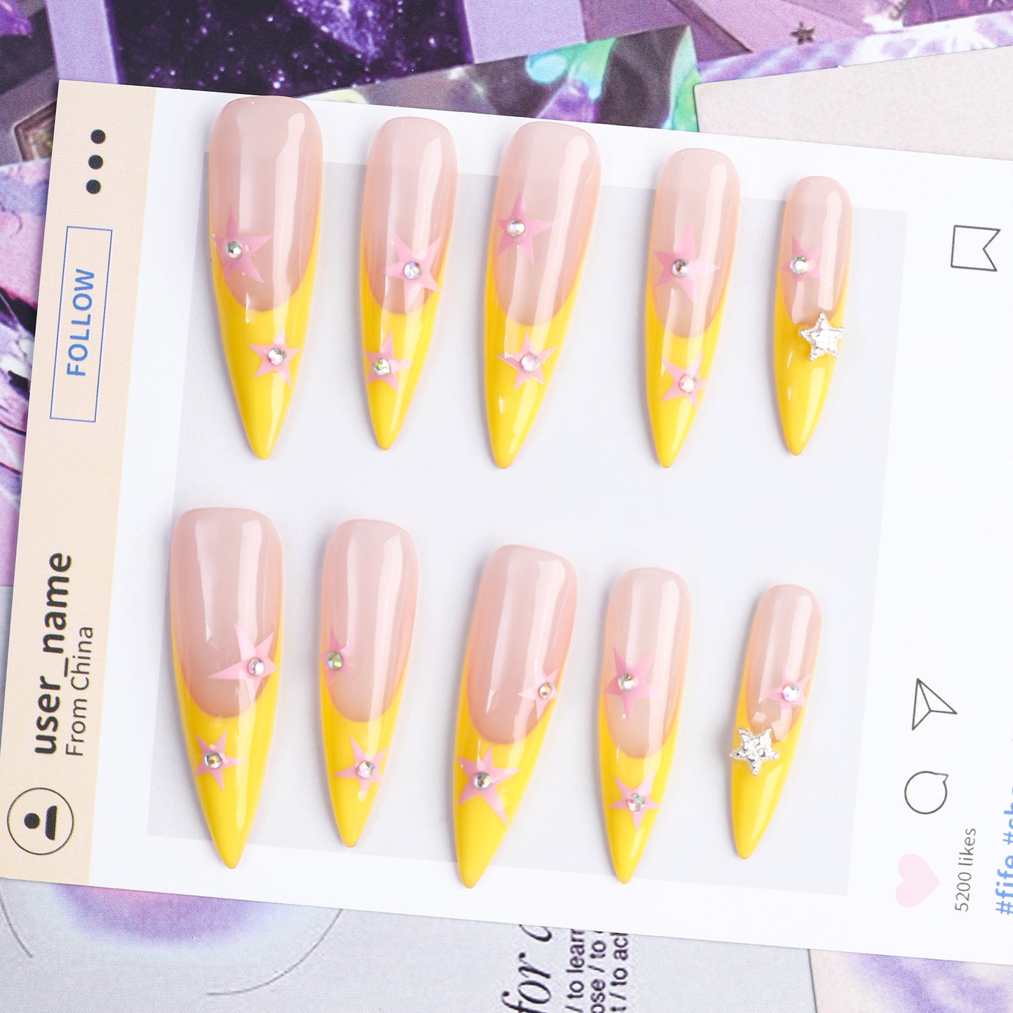 Luxury Long Stiletto Yellow French Tip Pink Star Shape Handmade False Press on Nails Artificial Fingernails for Party