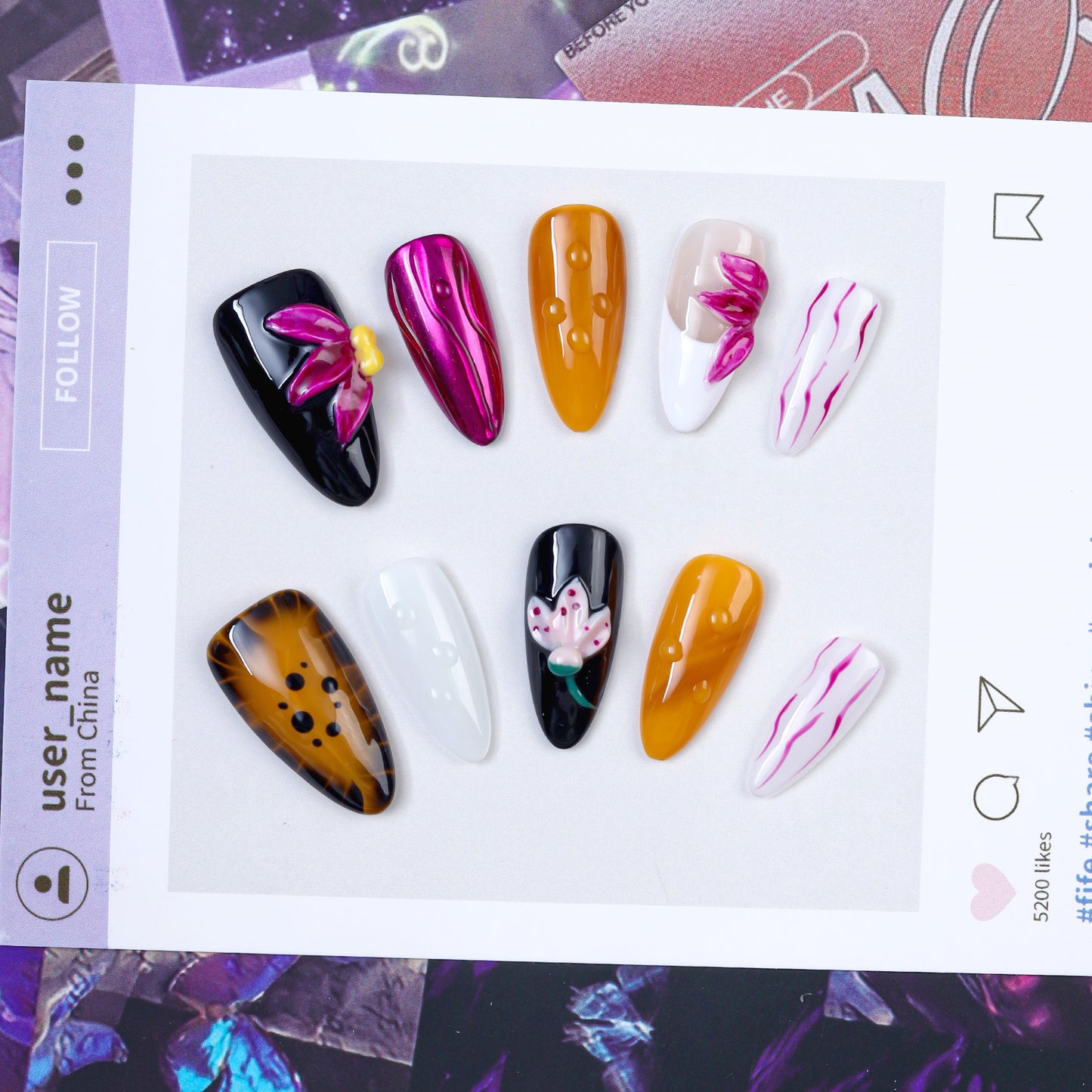 New 3d Carving Star Flower Handmade Artificial Fingernails False Acrylic Press on Nails Art Wholesale with Design