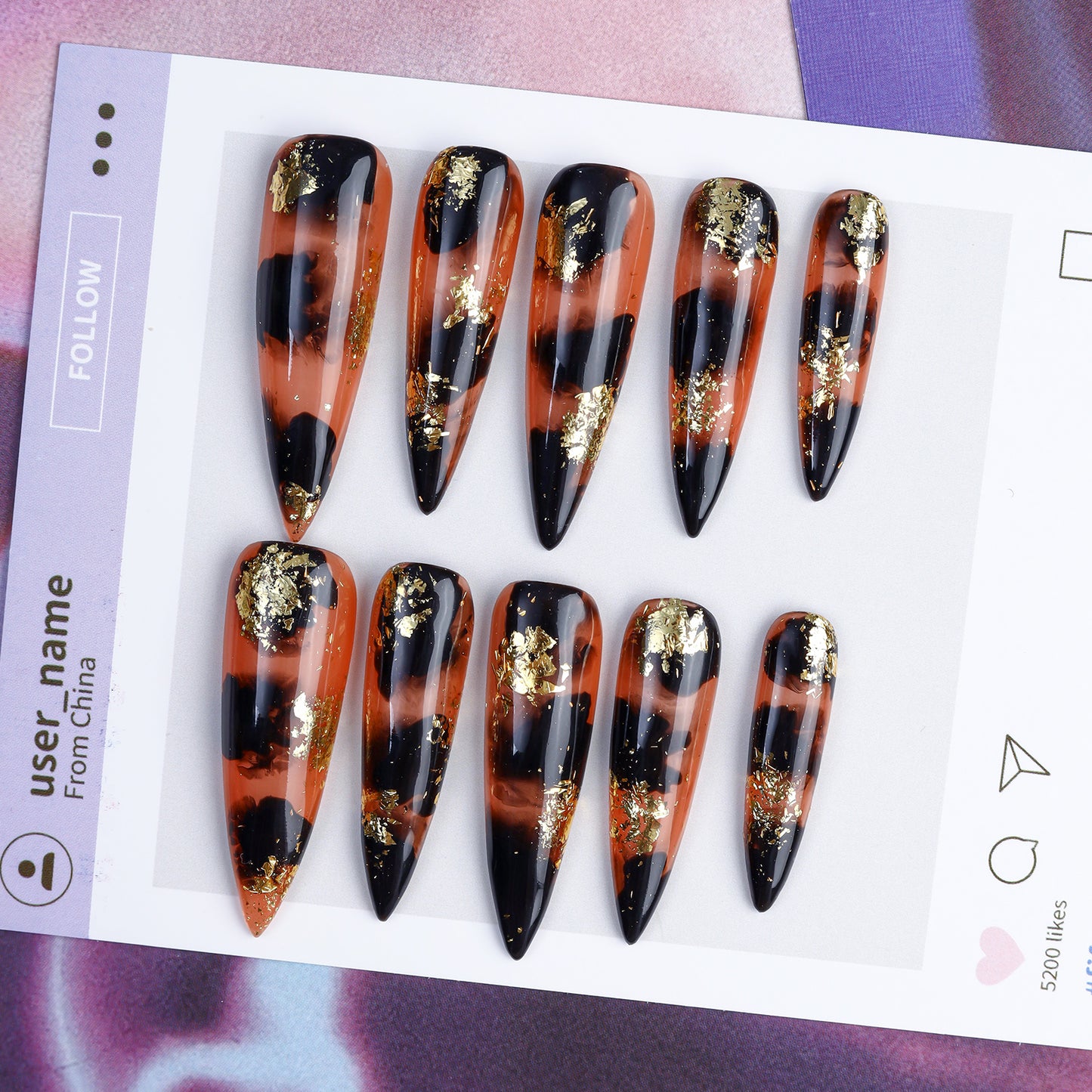 High Quality Gold Stamping Leopard Print Shape False Nails Handmade Acrylic Press on Nails Wholesale Fake Nail with Glue
