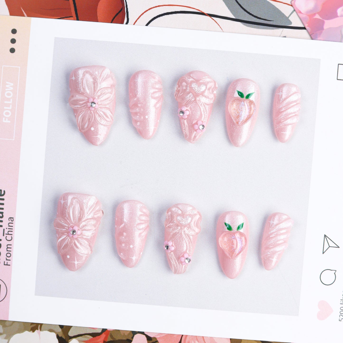 Pink Bow Acrylic 3d Flower Peach Shaped Almond Fake Nails Faux Ongles Handmade Press on Nail Art Acrylic False Nails with Glue