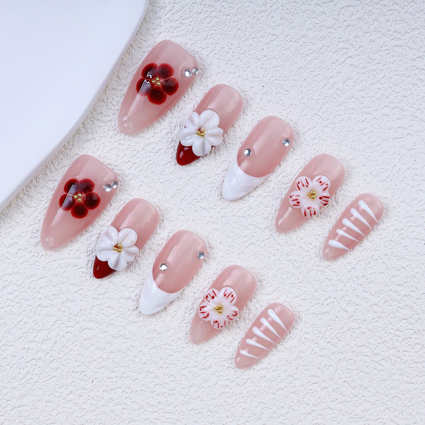 Handmade Almond Press-On Nails | 3D Red White Flower with Rhinestone & Stripe Design | Romantic Glue-On Nails