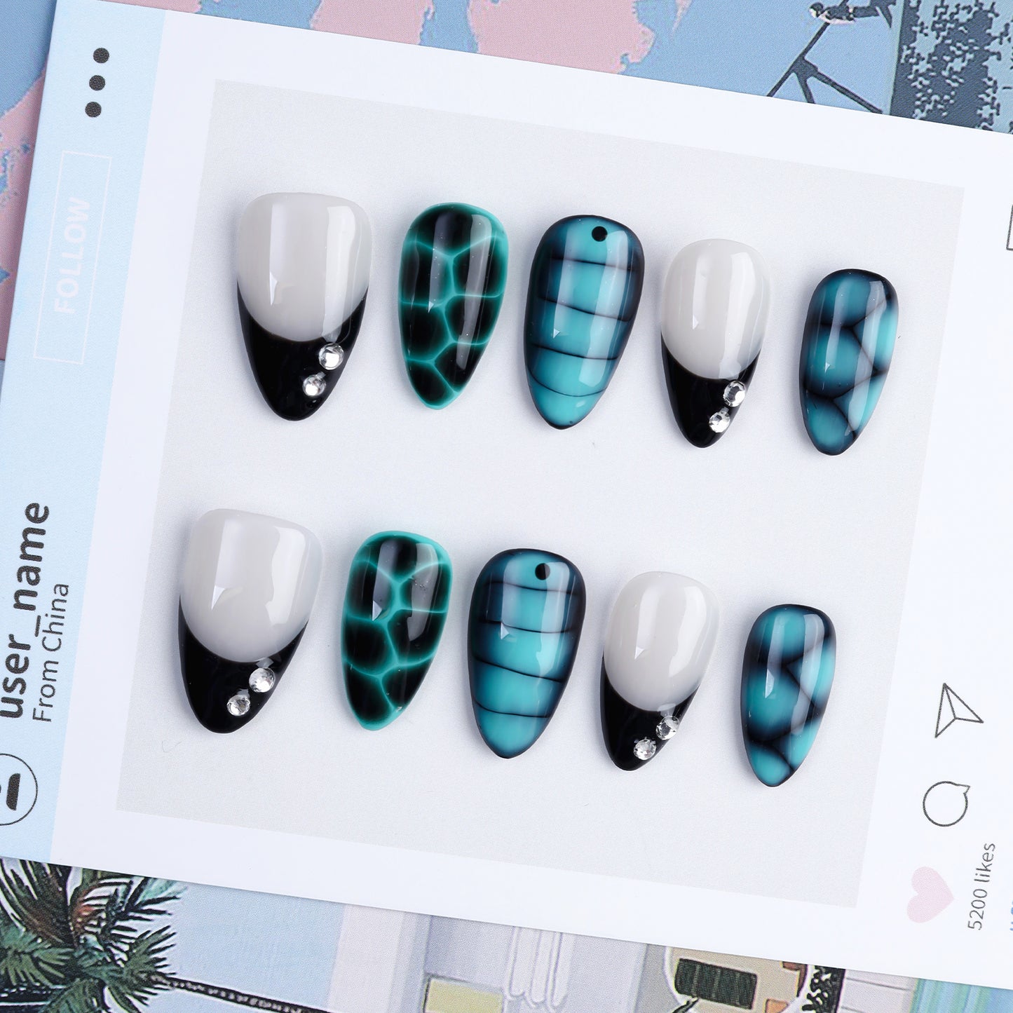 French Handmade Press Fake Nails Green Snake Pattern Reusable False Fingernails with Rhinestone Wholesale Artificial Nails