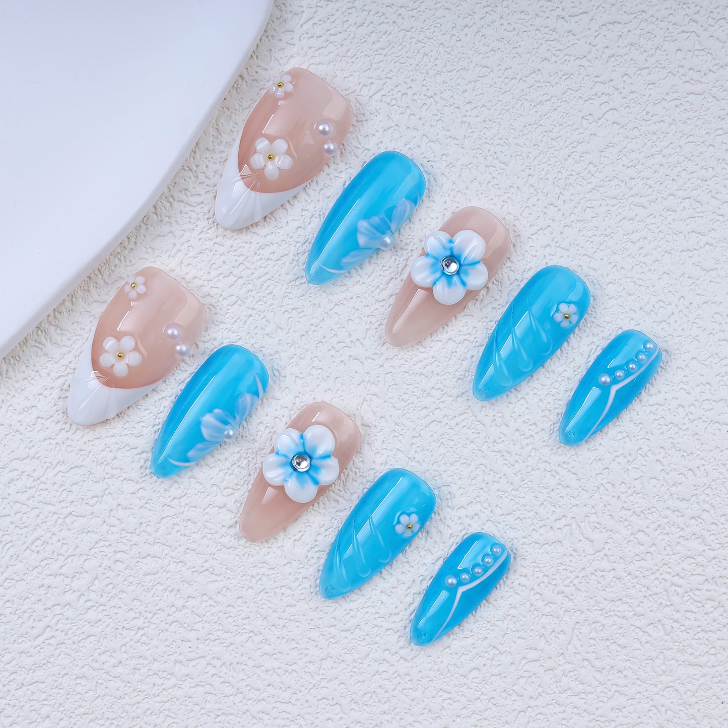 French Almond Romantic Flowers 3D Coffin Shape Design Handmade Press on Nails for Parties Oil Painting Style for Fingers