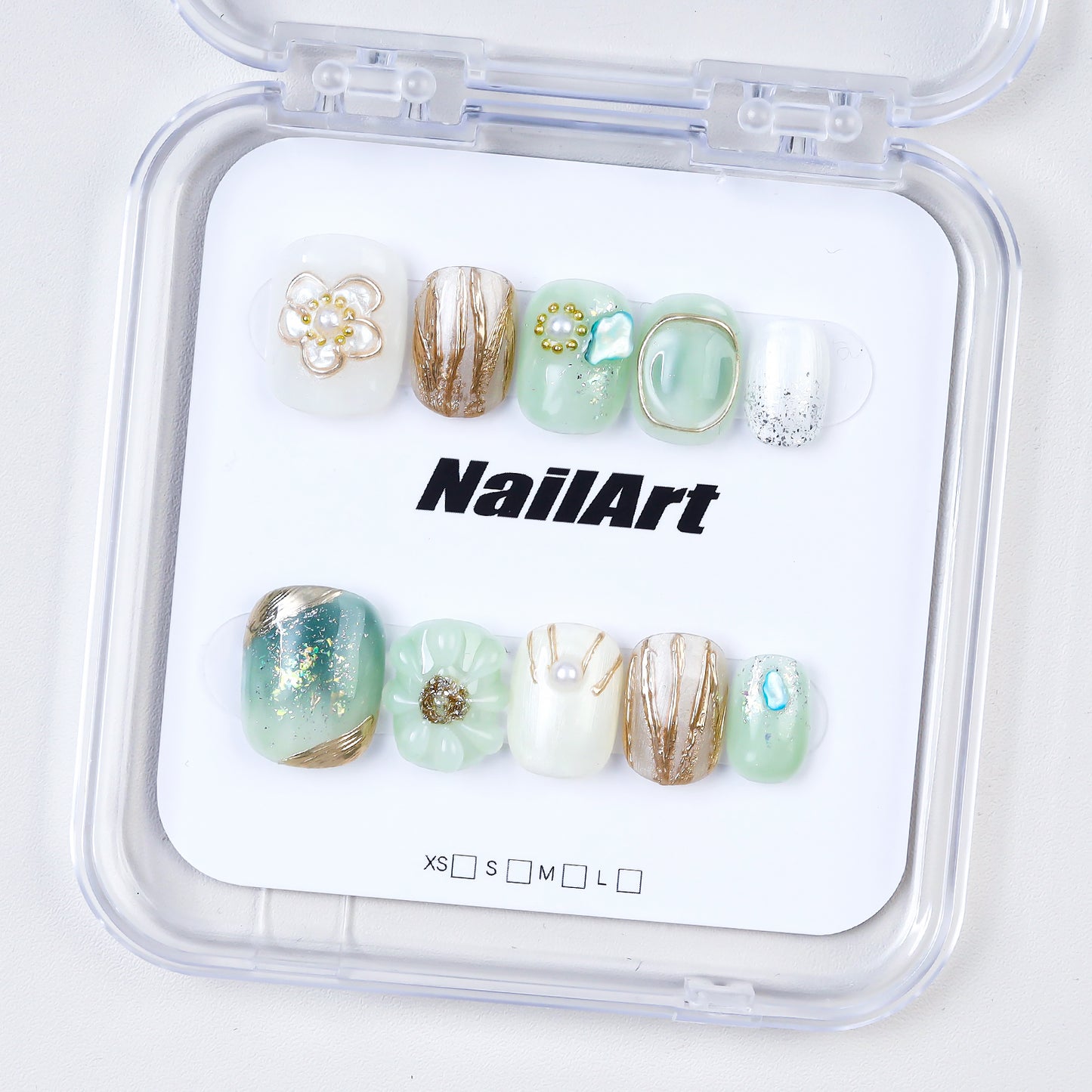 Luxury Handmade Press-On Nails | Jade Green Gradient with 3D Pearl Flower & Gold Foil Design | Premium Glue-On Manicure Set