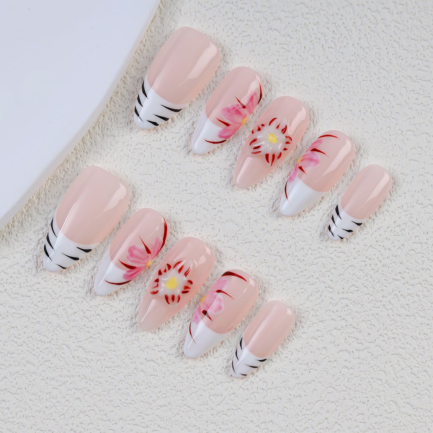 Handmade 10pcs Almond Design Press-On False Nails Acrylic Fashionable Model Custom Flower Carving Full Cover Faux Ongles Finger