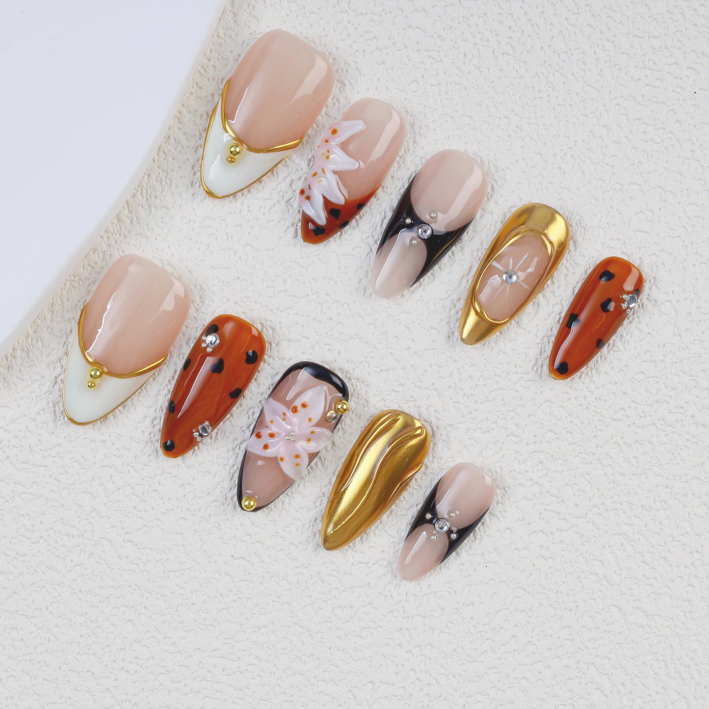 High Quality Custom 3D Flower Design Handmade Acrylic Full Cover Press-On Fake Nails Unique Faux Ongles Ready-Made Finger 10PCS