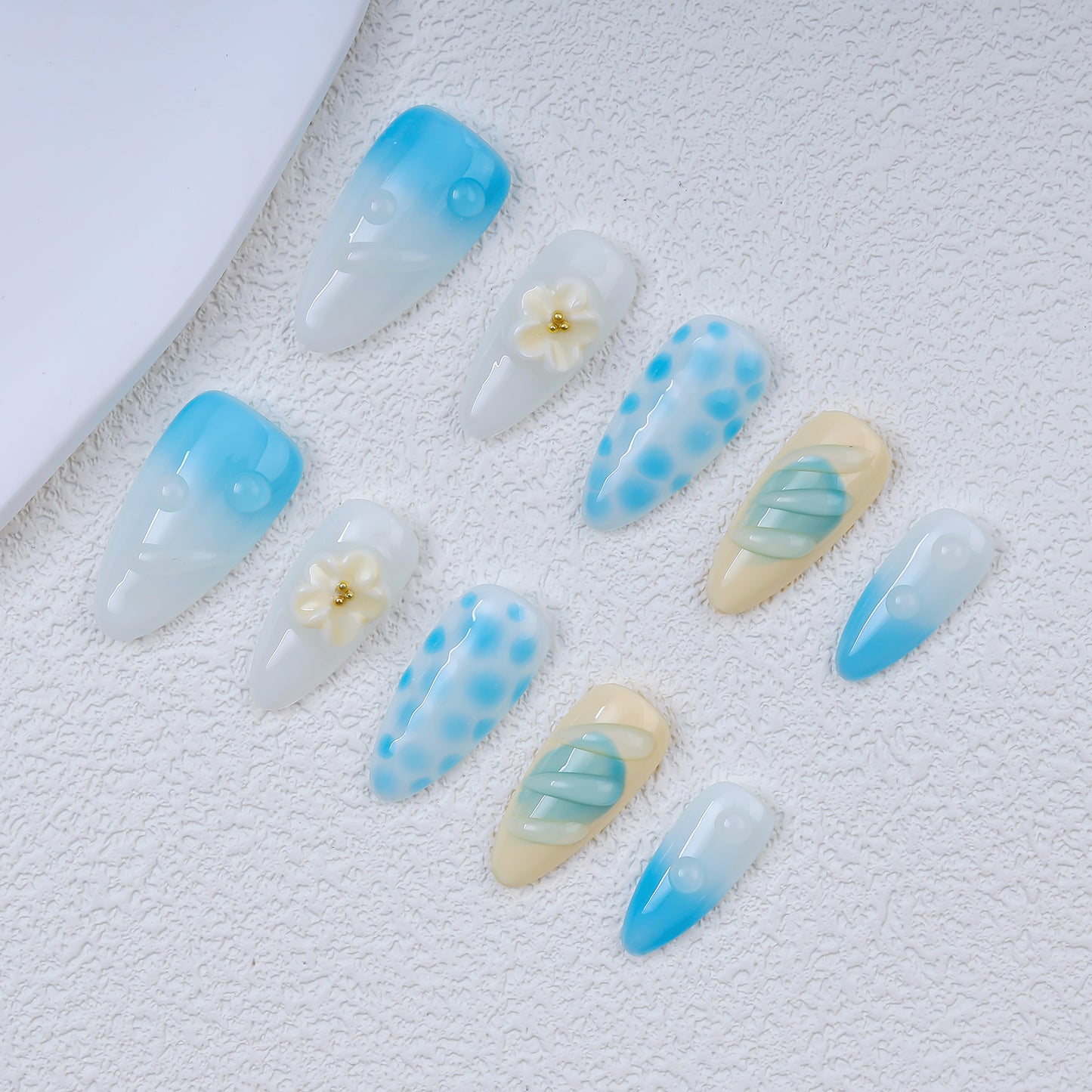Handmade Almond Press-On Nails Blue Gradient 3D Flower Polka Dot Stripe Design Glue-On False Nails Set