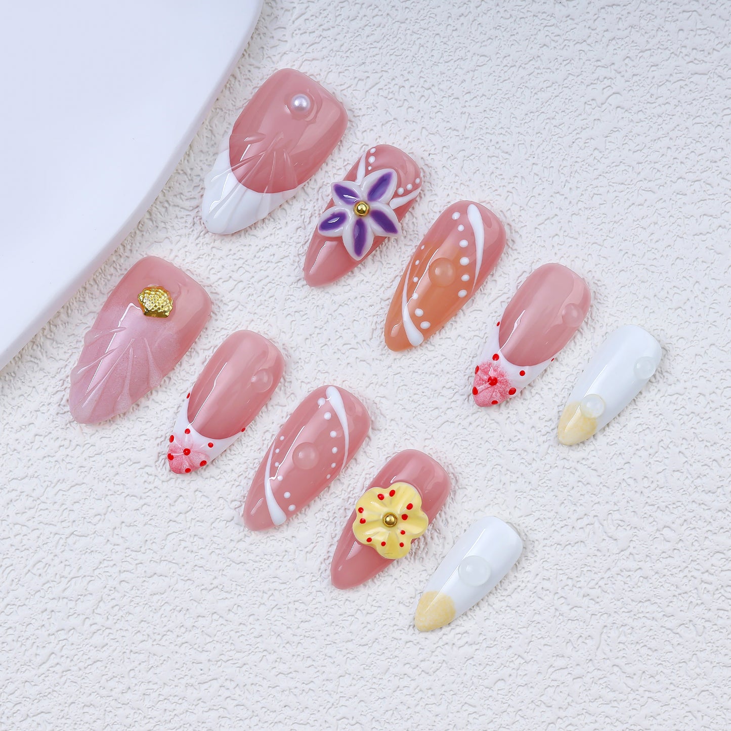 Handmade Oval Press-On Nails | Pink White Gradient 3D Flower Pearl Dots Design | Cute Glue-On False Nails Set