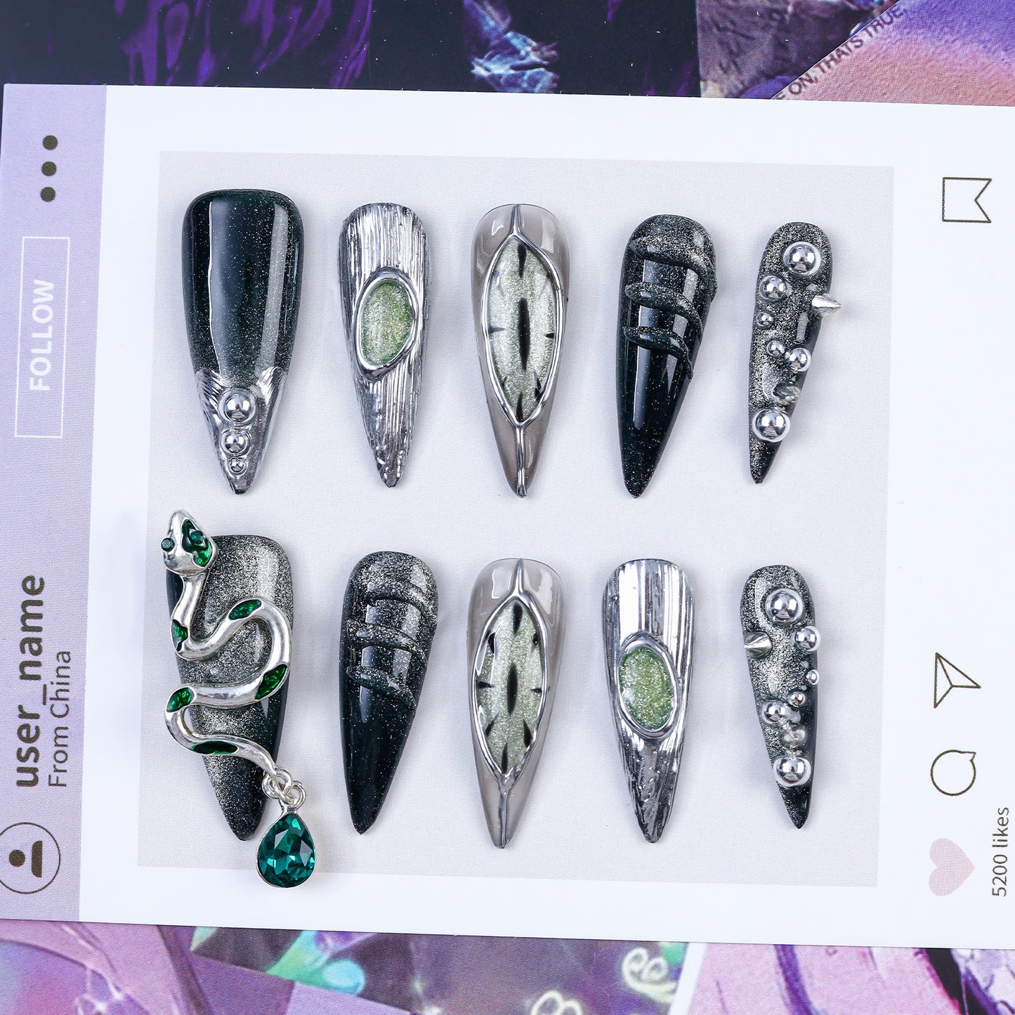 Hot Sale Dark Series Press on Nails Wholesale Slytherin Snake Nail Art Punk Metal Style Devil Eye Hand-wearing Fake Nail Art