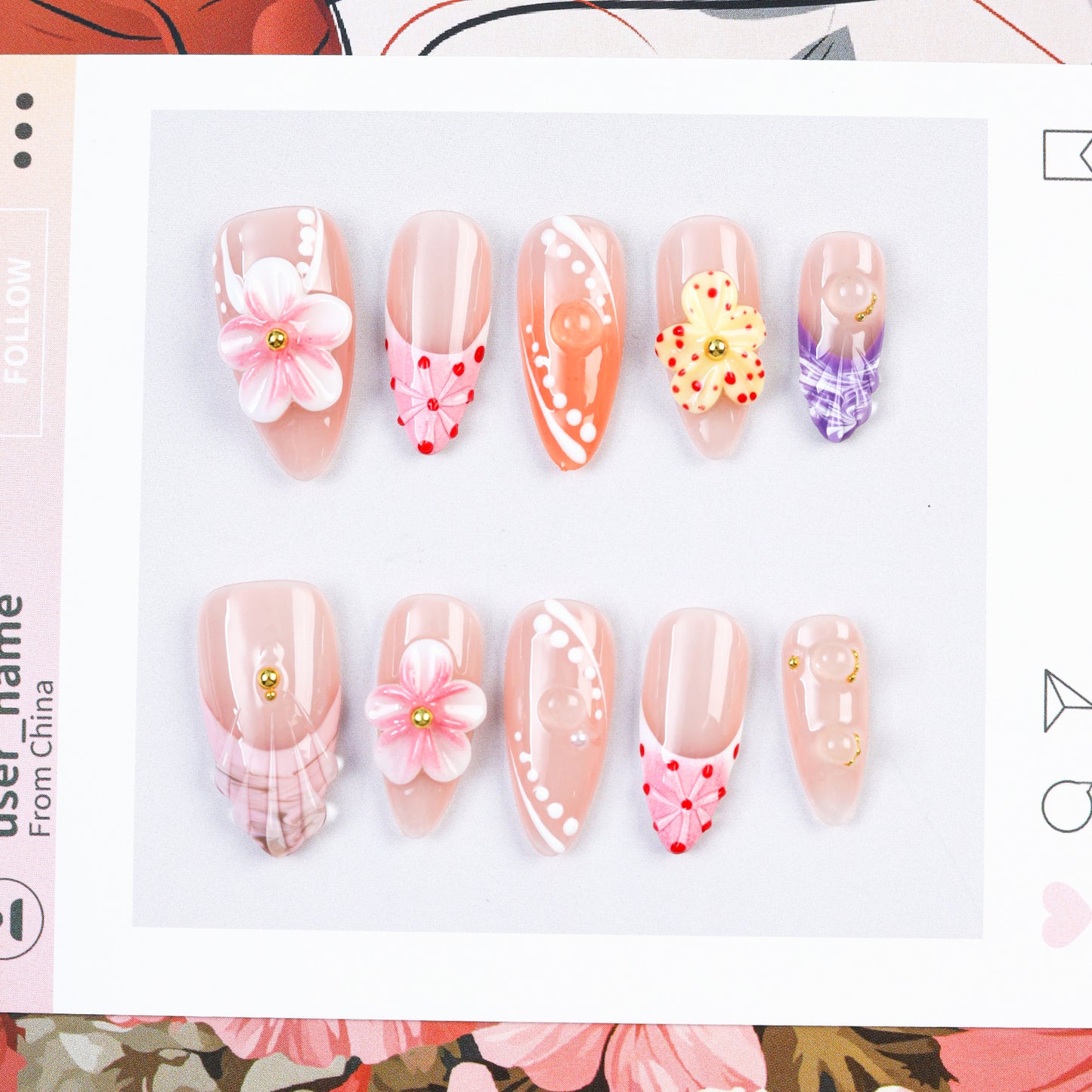 Handmade 3D Flower Design Acrylic False Nails Hot Sale Wholesale Press on Faux Ongles Artificial Fingernails for Women