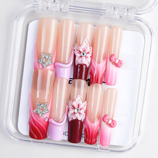 Wholesale High Quality Fashionable Artificial French Press Nails Luxury Super Long Square Glitter False Nail 10pcs Fingers