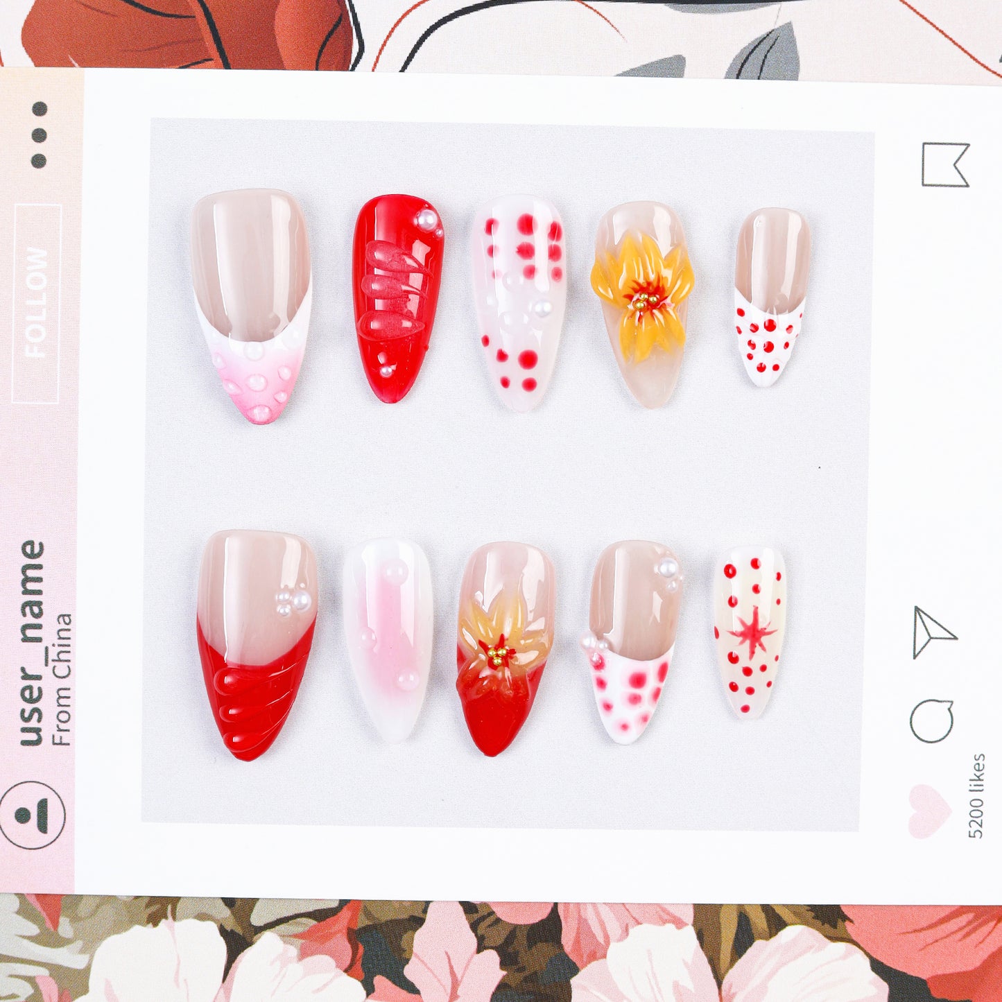 Hot Sale High Quality 3D Acrylic Almond Shape Embossed Design Artificial Fingernails Full Coverage Press-on Nails Nails NAILOOK