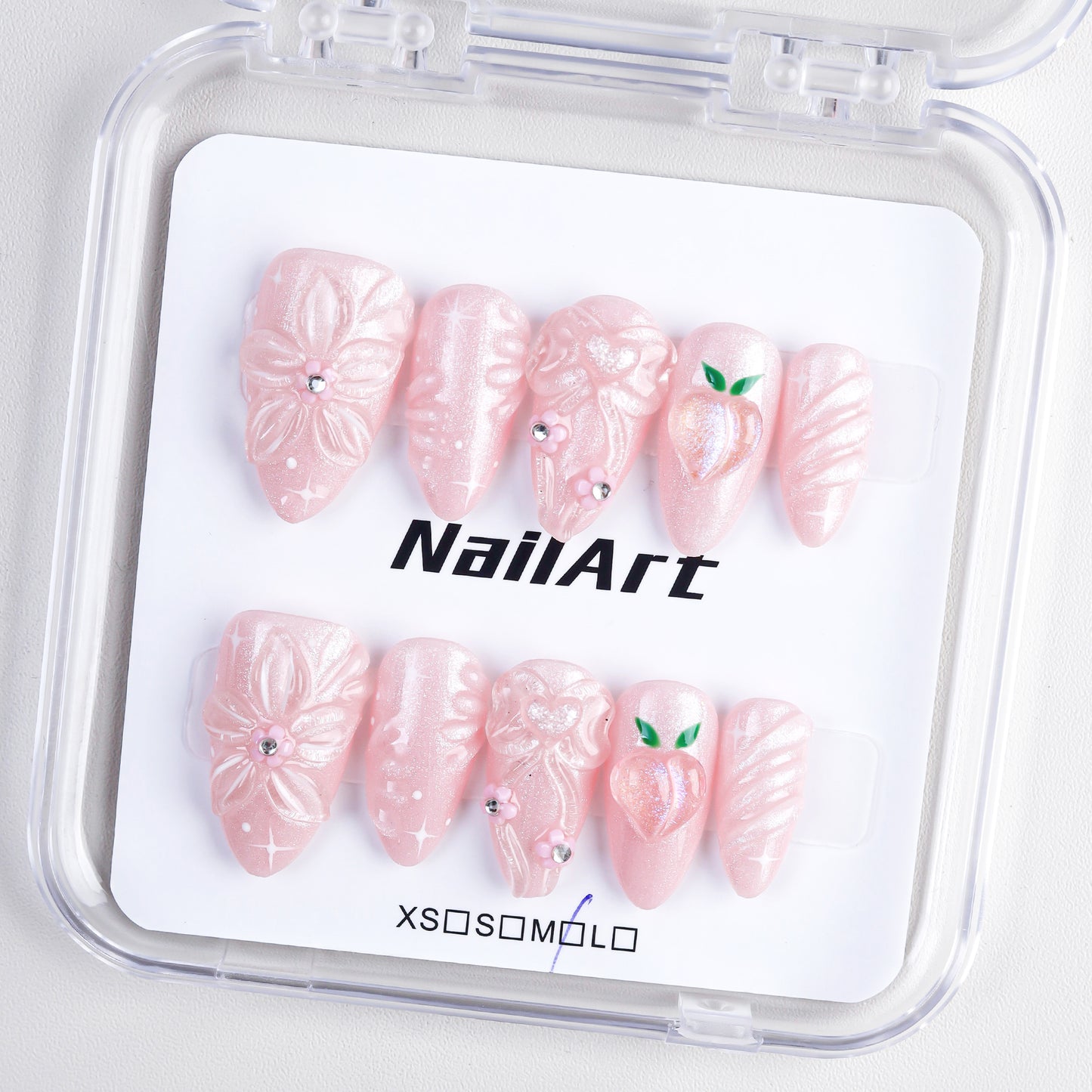 Pink Bow Acrylic 3d Flower Peach Shaped Almond Fake Nails Faux Ongles Handmade Press on Nail Art Acrylic False Nails with Glue