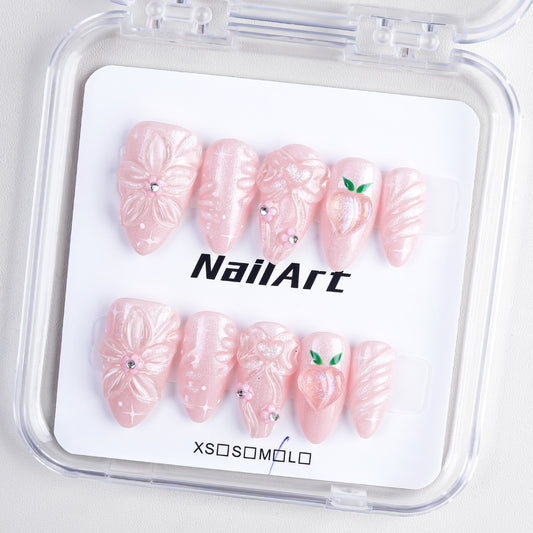 Pink Bow Acrylic 3d Flower Peach Shaped Almond Fake Nails Faux Ongles Handmade Press on Nail Art Acrylic False Nails with Glue