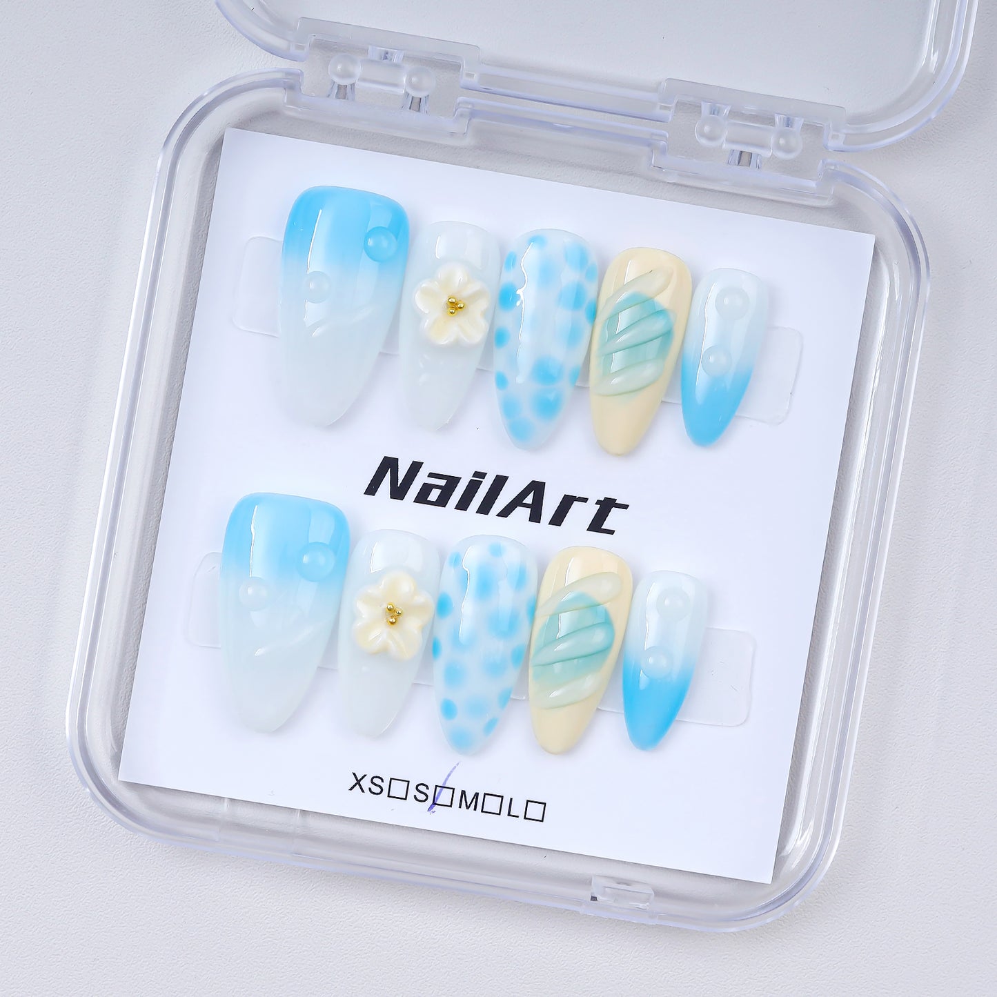 Handmade Almond Press-On Nails Blue Gradient 3D Flower Polka Dot Stripe Design Glue-On False Nails Set