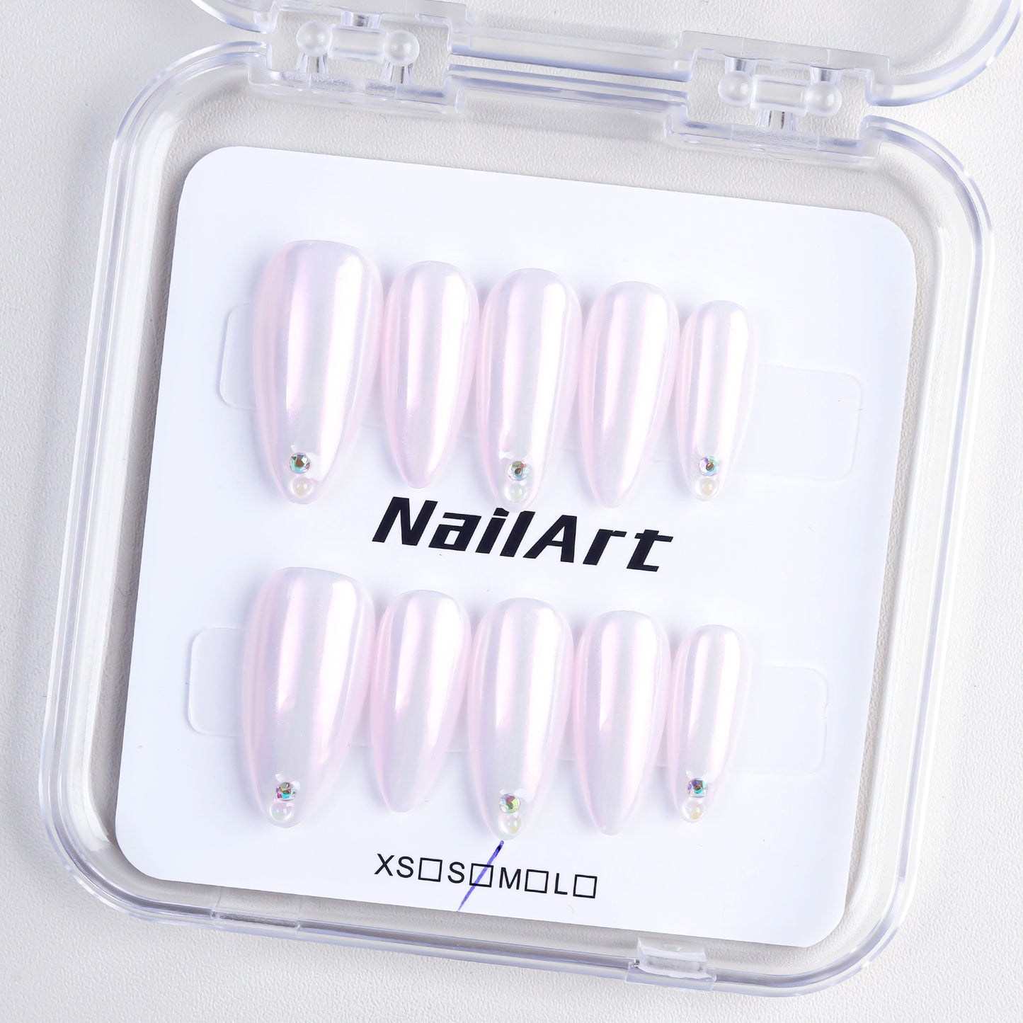 Pink Aurora Medium Length Almond Fashion Pressed Nail Set Solid Color Handmade False Nails Rhinestone Wholesale for Finger