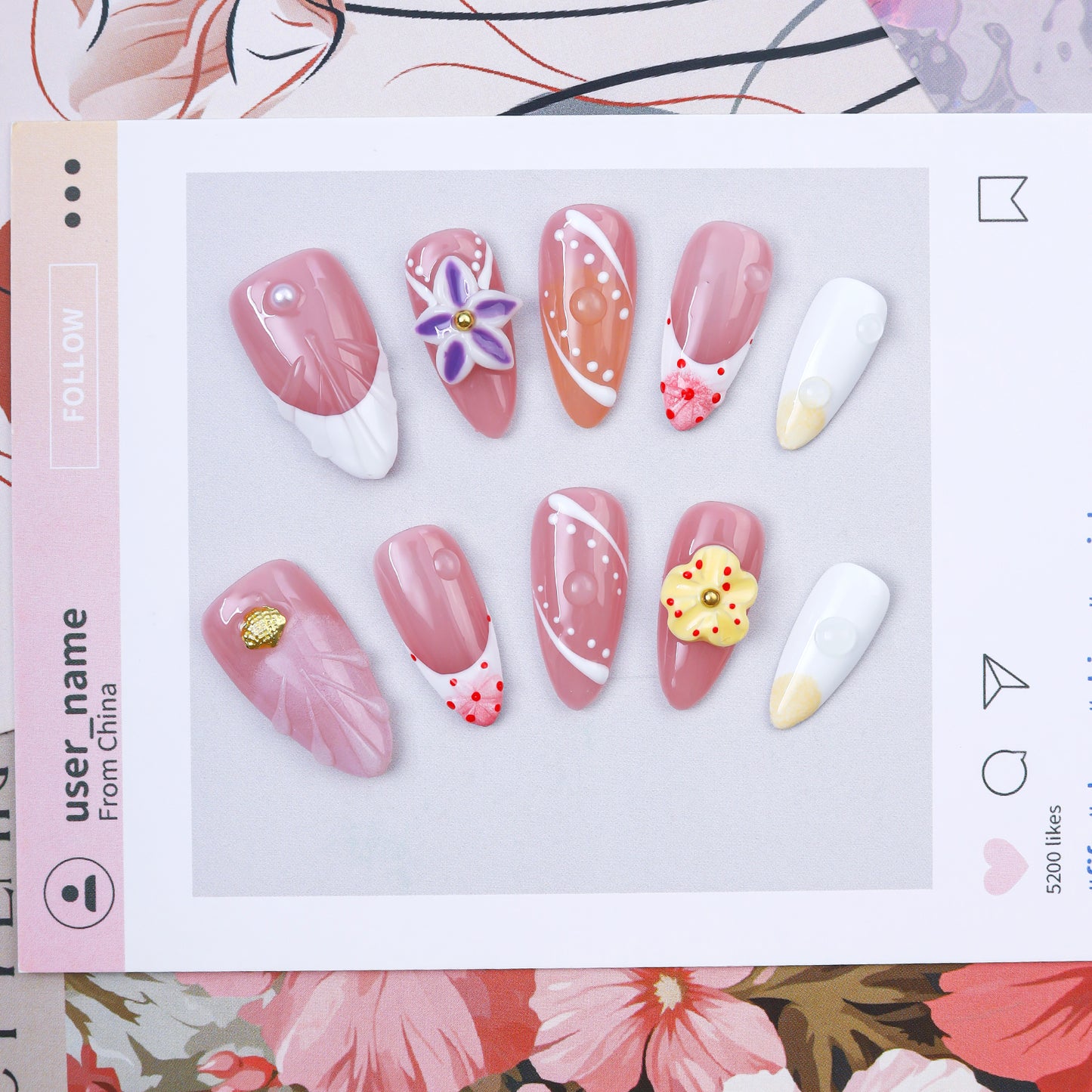 Handmade Oval Press-On Nails | Pink White Gradient 3D Flower Pearl Dots Design | Cute Glue-On False Nails Set