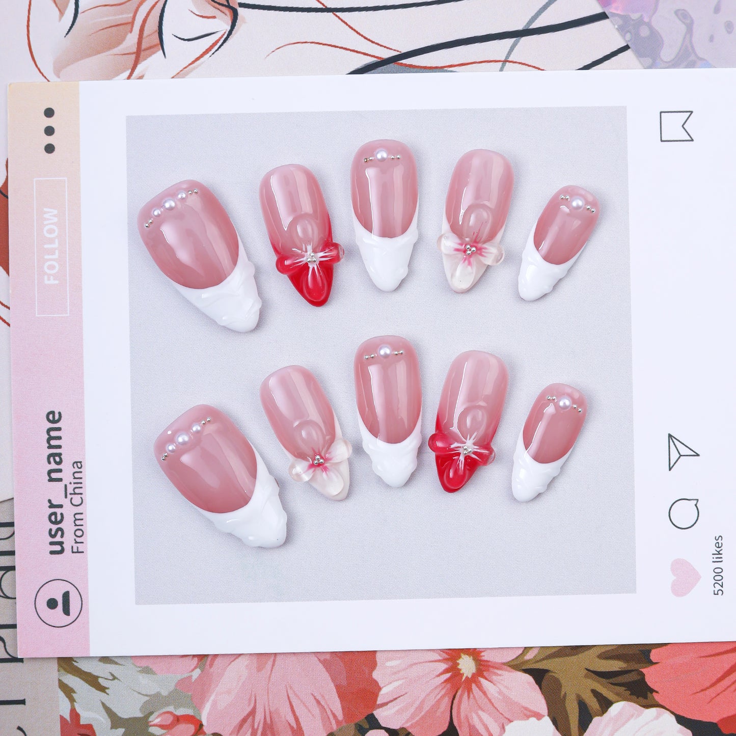 Wholesale 10pcs Alomnd Handmade Short Pink 3D Flower French Press on Nails Removable Fake Nails Art for Fingers