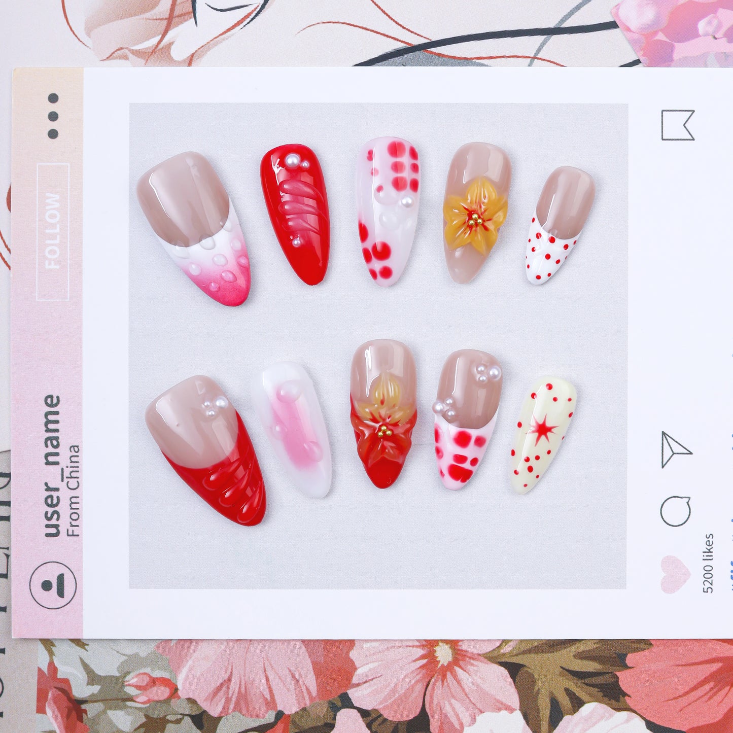 Handmade Almond Press-On Nails | Red Gradient 3D Flower with Pink Polka Dot & Pearl Design | Luxury Glue-On Nails