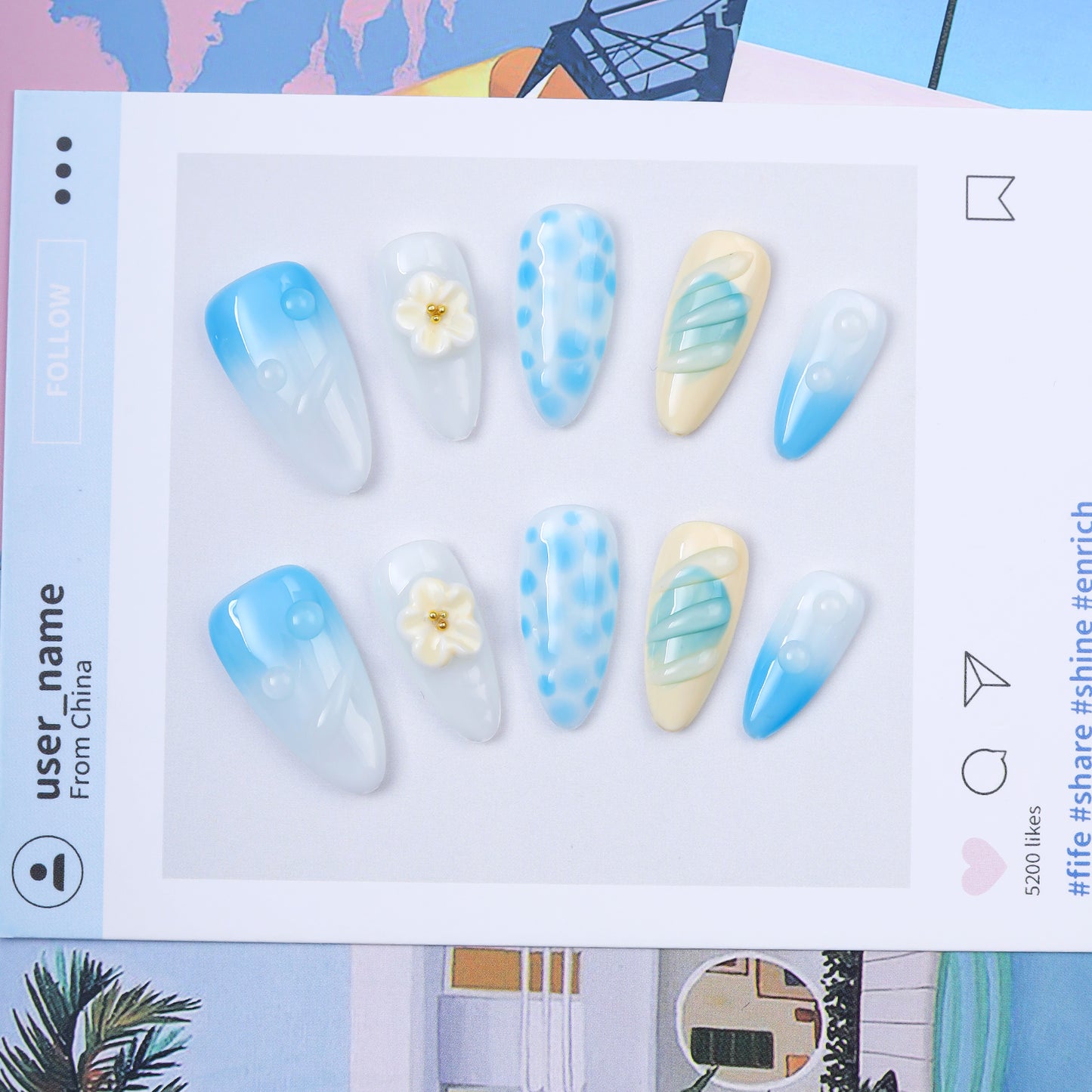 Handmade Almond Press-On Nails Blue Gradient 3D Flower Polka Dot Stripe Design Glue-On False Nails Set