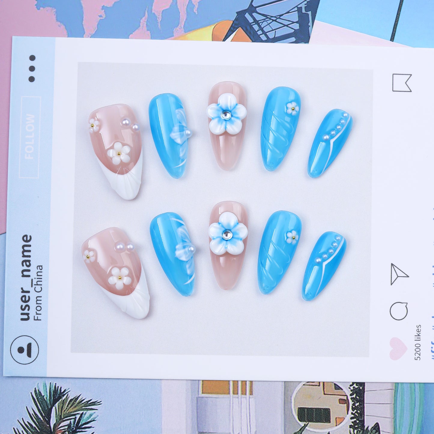 French Almond Romantic Flowers 3D Coffin Shape Design Handmade Press on Nails for Parties Oil Painting Style for Fingers