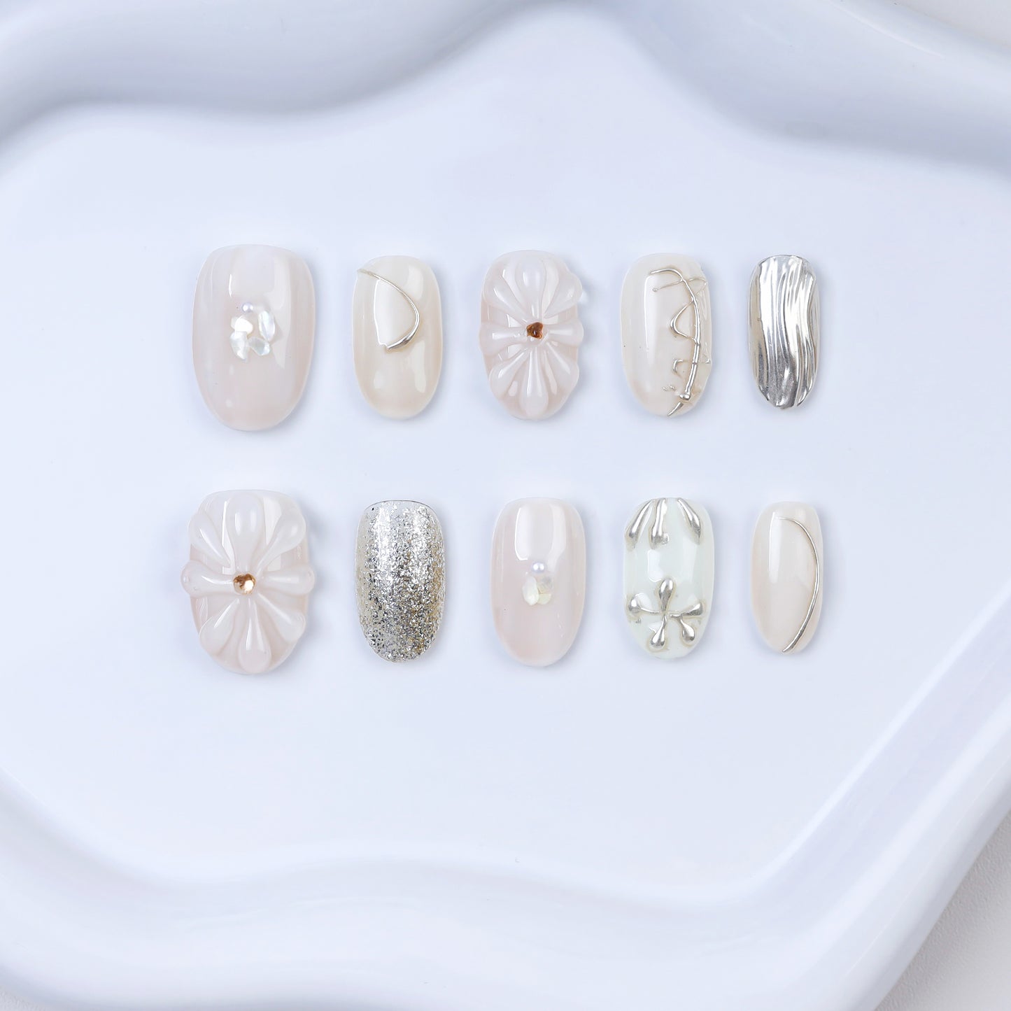 High Quality 10pcs Handmade 3D Short Acrylic Gel Press Nails Elegant Pearl Shell & Silver Design Private Label False Nails