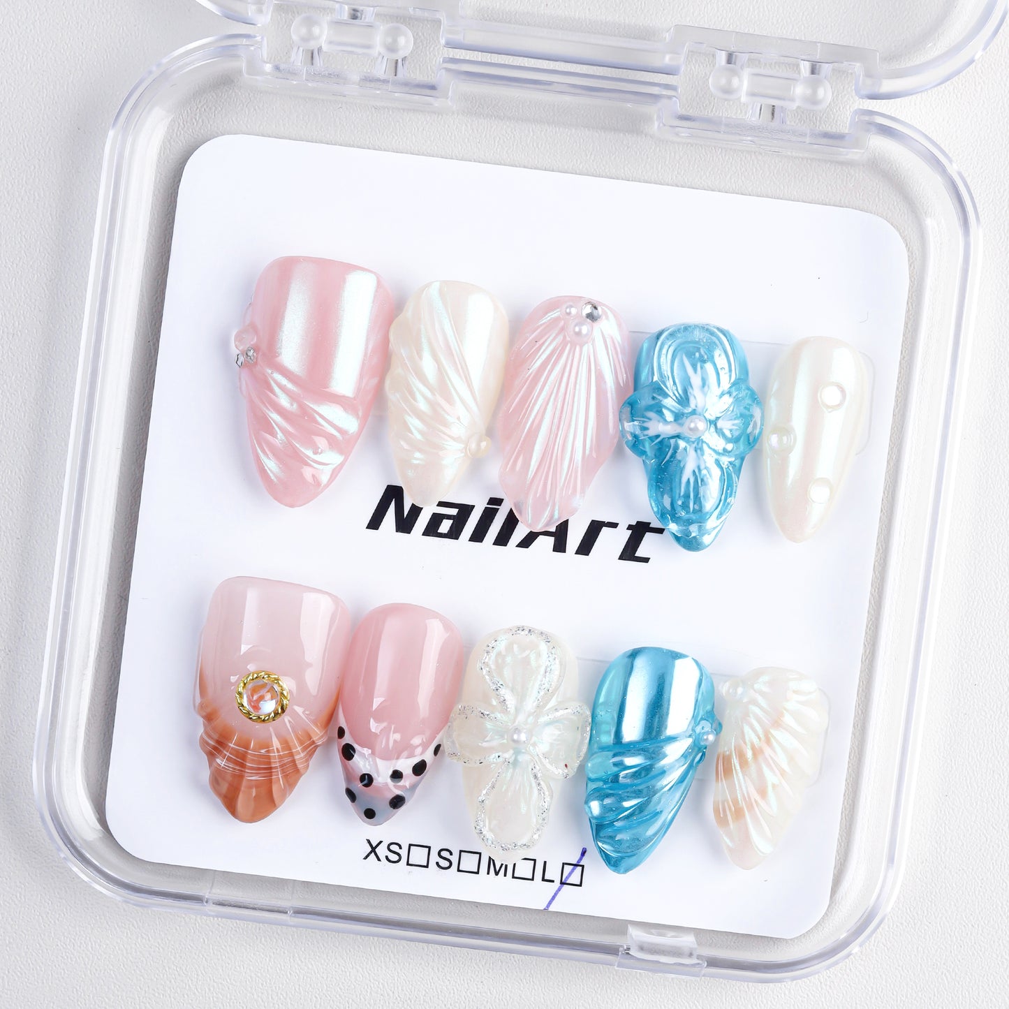 Handmade 3D Carving Aurora Almond Flower Design Custom 10pcs Reusable Press on Nails with Glue False Artificial Fingernails