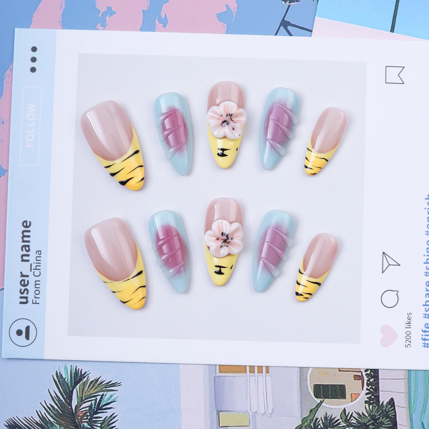 Handmade Almond Press-On Nails | Yellow Tiger Stripe with 3D Pink Flower & Blue Gradient Design | Cute Glue-On Nails