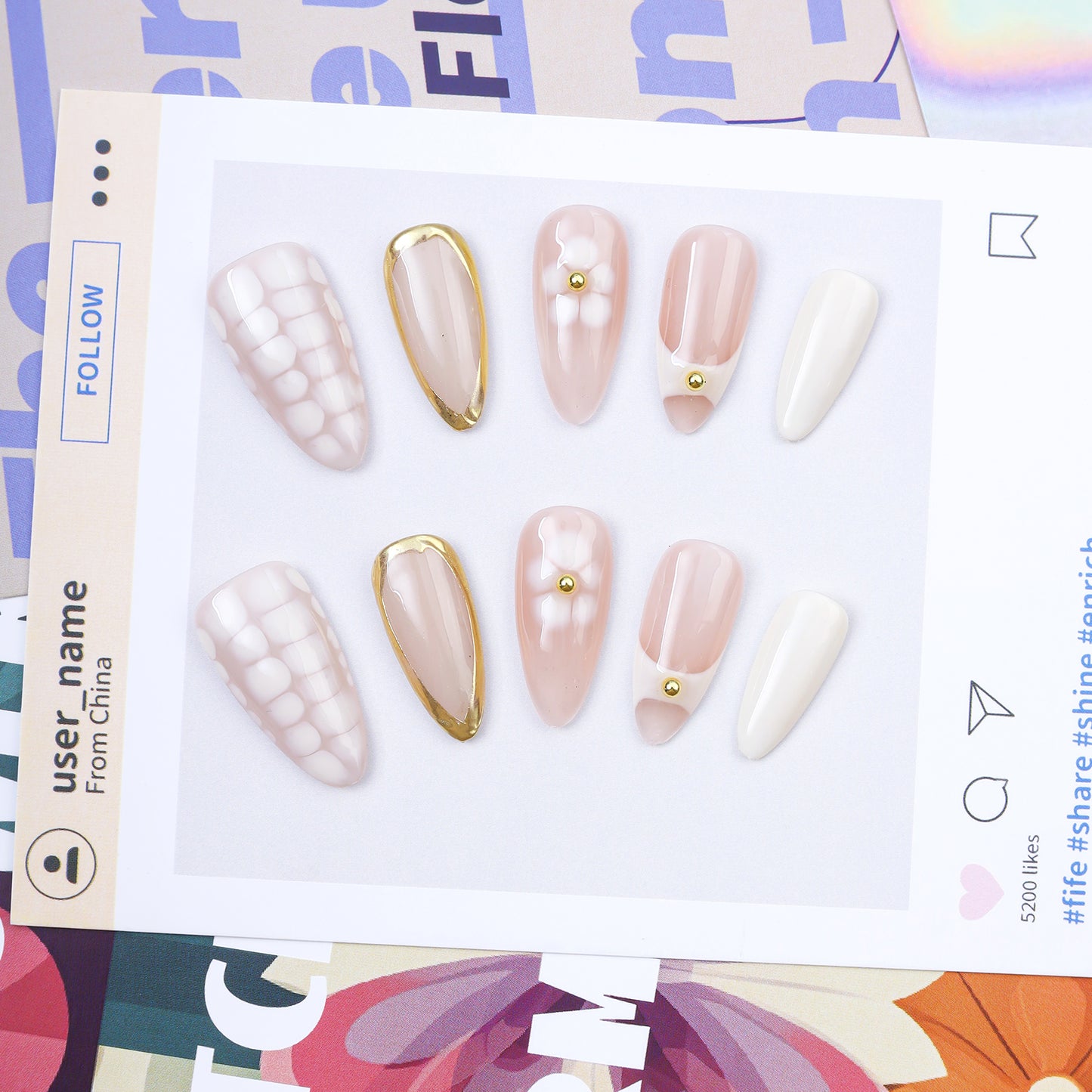 Handmade High-End Full Cover Pre-designed Checkerboard Floral Design Acrylic Press Fingernails 10pcs Artificial False Nail