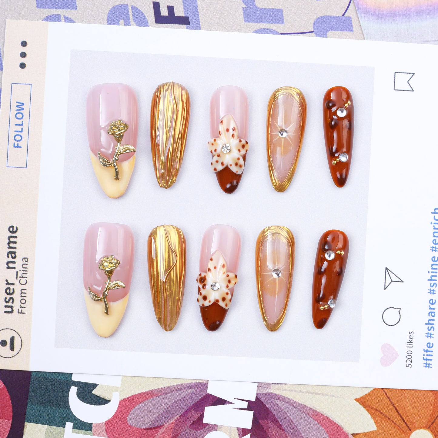 Handmade Almond Press-On Nails | Pink Gold Rose & Amber Tortoiseshell with Rhinestone | Luxury Glue-On Nails