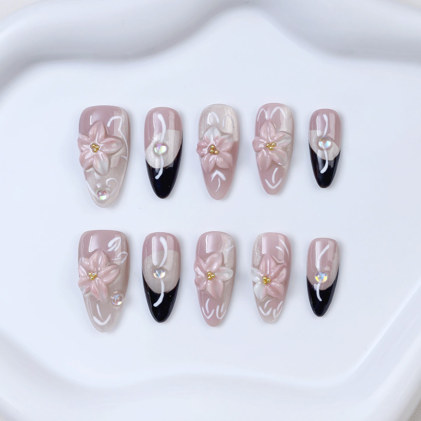 Luxury 3D Floral Cat Eye Design Handmade Reusable Press-On False Nails with Gift Package Luxury Floral False Nails