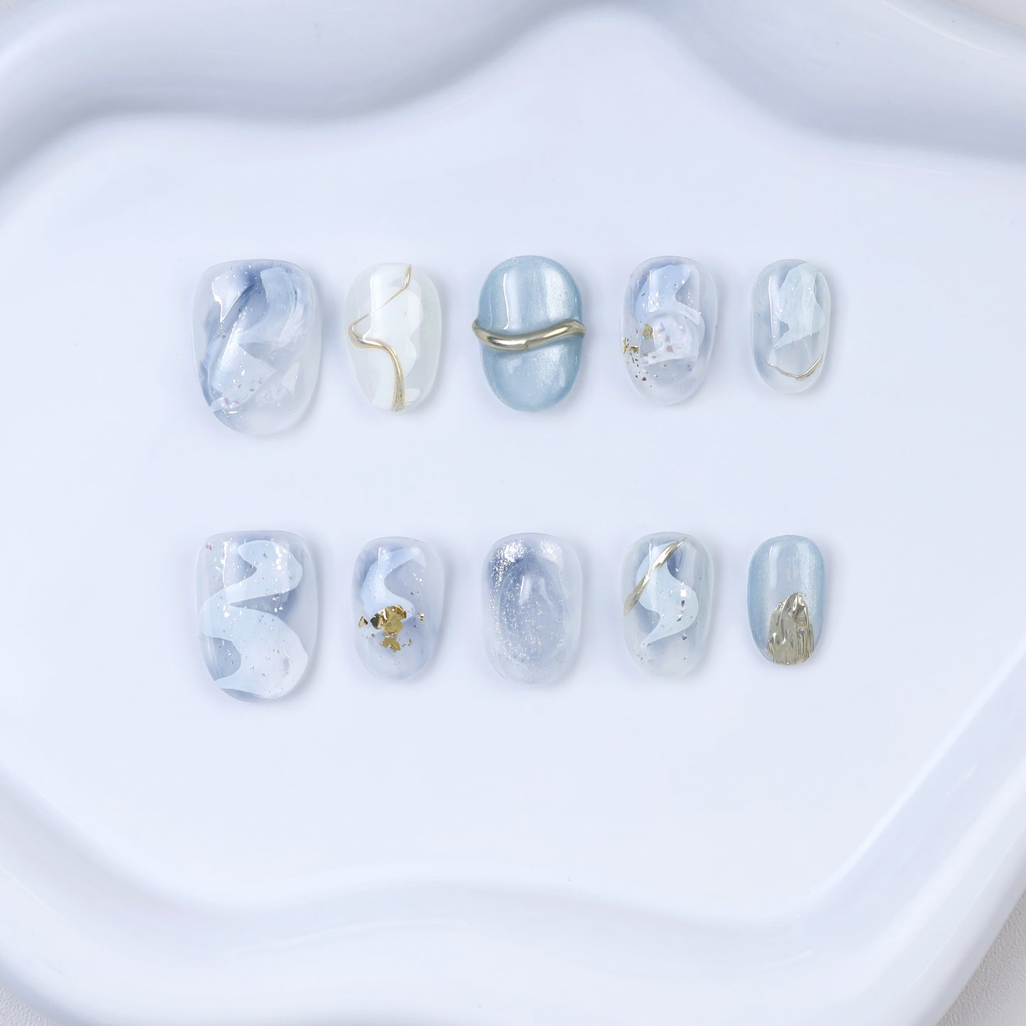 Handmade Oval Press-On Nails | Platinum Marble Swirl with White & Gold Foil | Glue-On Fake Nails Set