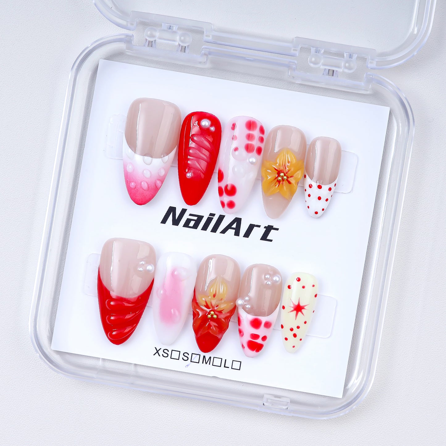 Handmade Almond Press-On Nails | Red Gradient 3D Flower with Pink Polka Dot & Pearl Design | Luxury Glue-On Nails