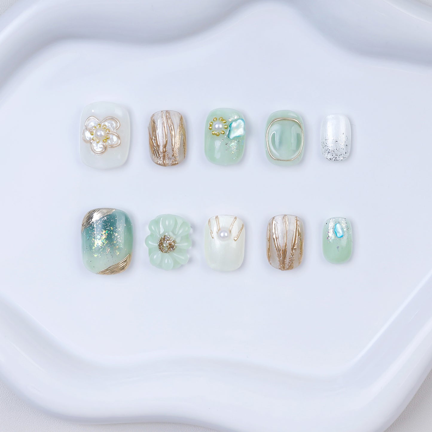 Luxury Handmade Press-On Nails | Jade Green Gradient with 3D Pearl Flower & Gold Foil Design | Premium Glue-On Manicure Set