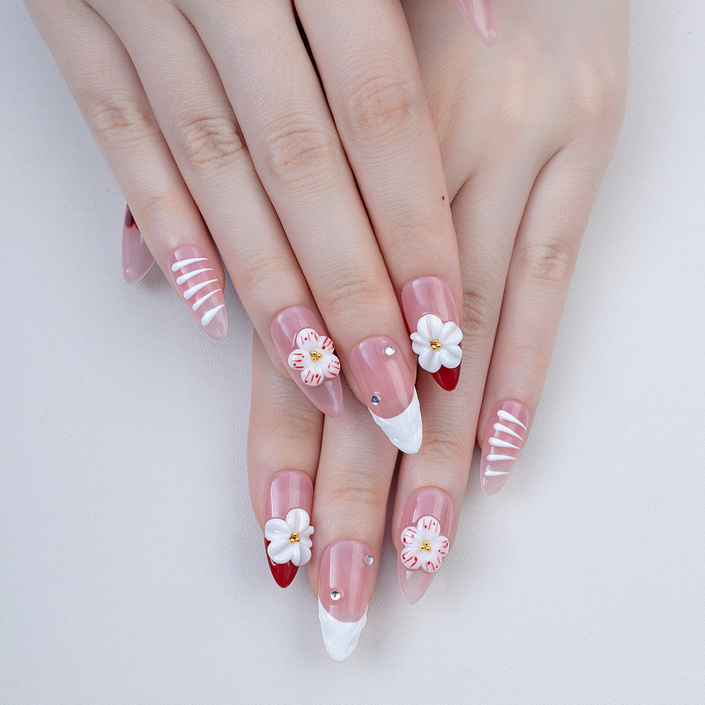 Handmade Almond Press-On Nails | 3D Red White Flower with Rhinestone & Stripe Design | Romantic Glue-On Nails
