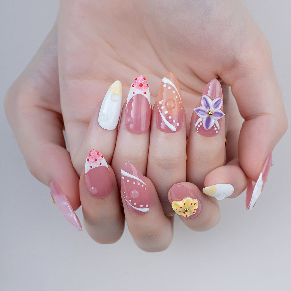 Handmade Oval Press-On Nails | Pink White Gradient 3D Flower Pearl Dots Design | Cute Glue-On False Nails Set