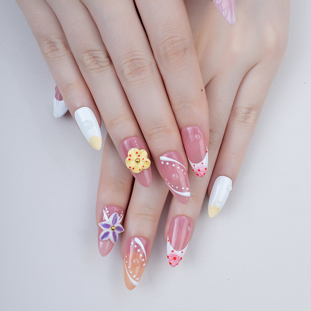 Handmade Oval Press-On Nails | Pink White Gradient 3D Flower Pearl Dots Design | Cute Glue-On False Nails Set