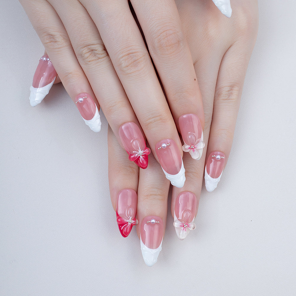 Wholesale 10pcs Alomnd Handmade Short Pink 3D Flower French Press on Nails Removable Fake Nails Art for Fingers