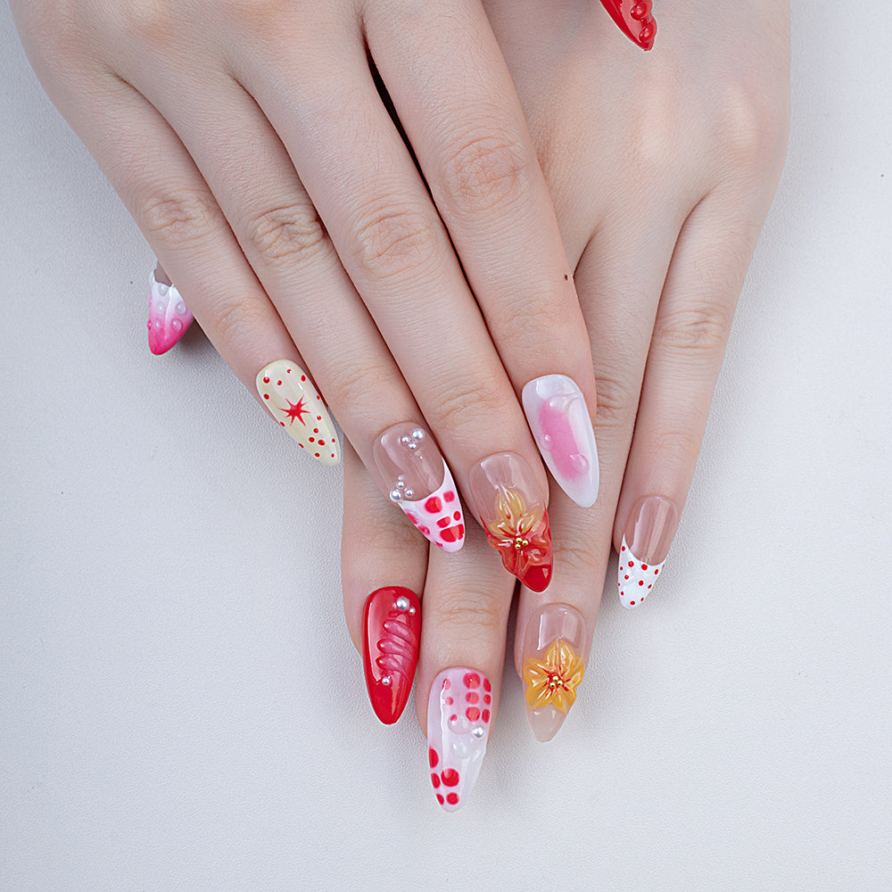 Handmade Almond Press-On Nails | Red Gradient 3D Flower with Pink Polka Dot & Pearl Design | Luxury Glue-On Nails